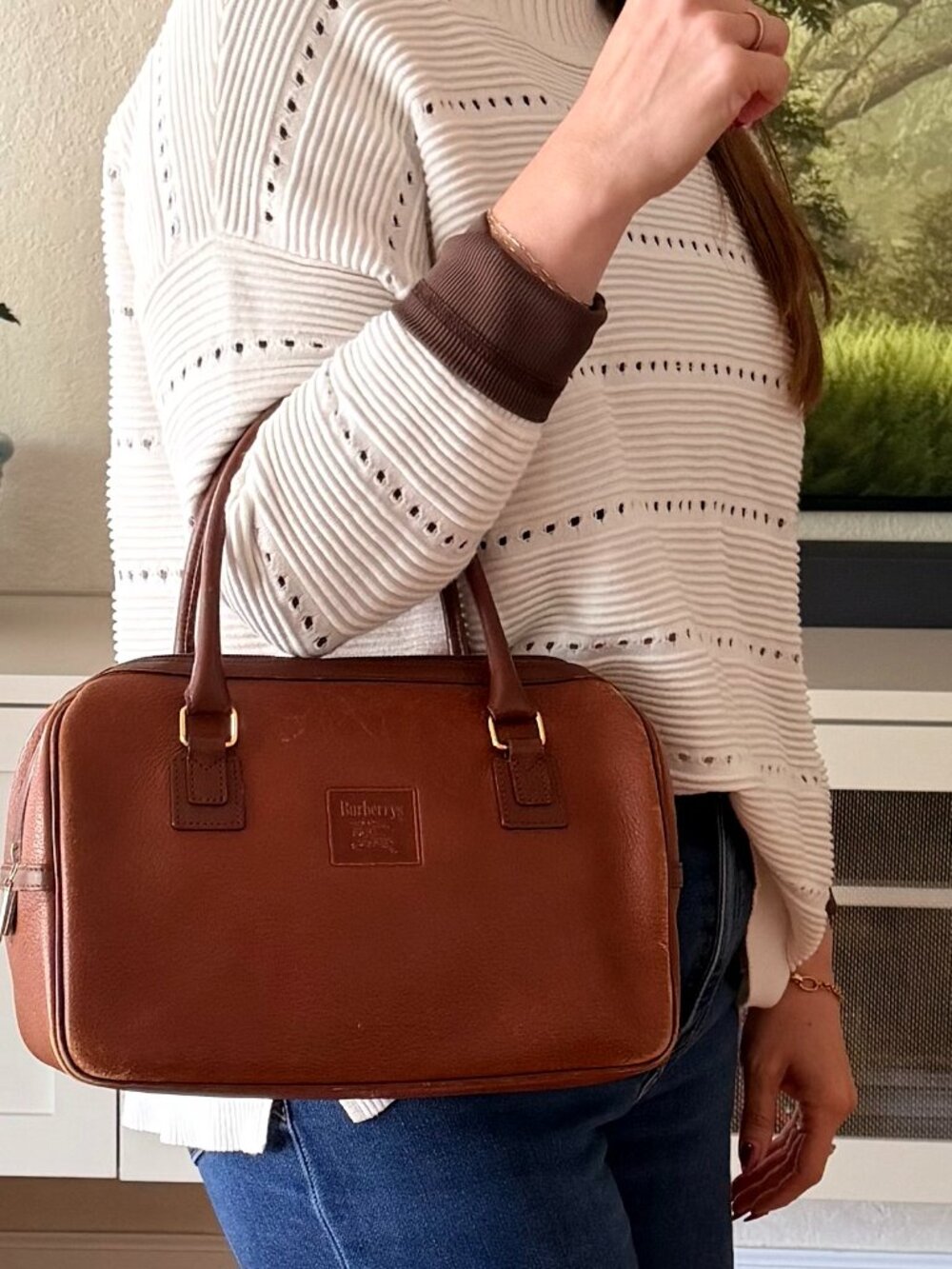 Burberry Brown Leather Boston Satchel Bag Vintage - Picture 2 of 6
